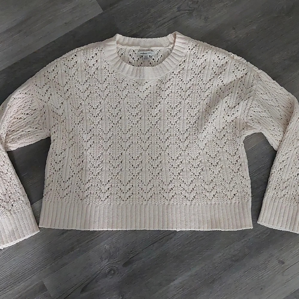 American Eagle Soft open knit sweater in Cream Medium cropped Boho